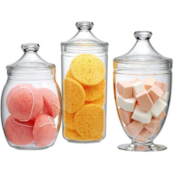 Acrylic Apothecary Jars (3-Piece Set) Plastic Jars with Lids Bathroom Canisters